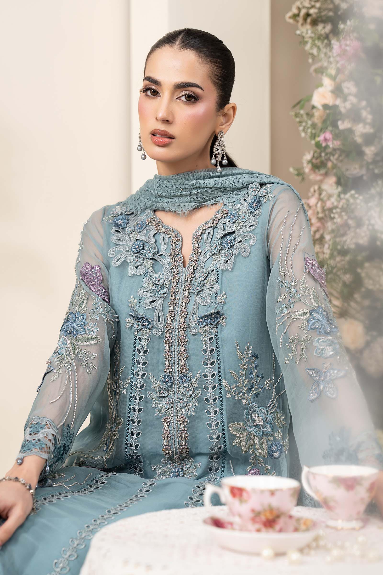 3 Piece Embroidered Chiffon Suit aqua pakistani fashion outfit in…